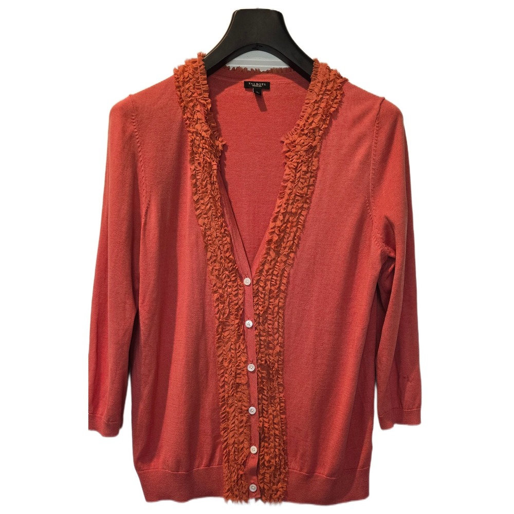 Talbots Coral Orange Silk Cotton Ruffle Trim Cardigan Sweater Size L 3/4‎ Sleeve